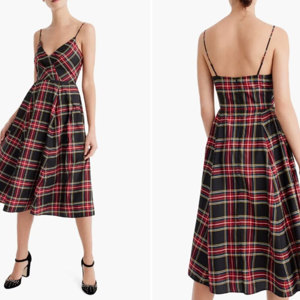 NWT J. Crew Stewart Plaid Silk Spaghetti Strap A-Line Dress 2 PREPPY HOLIDAY